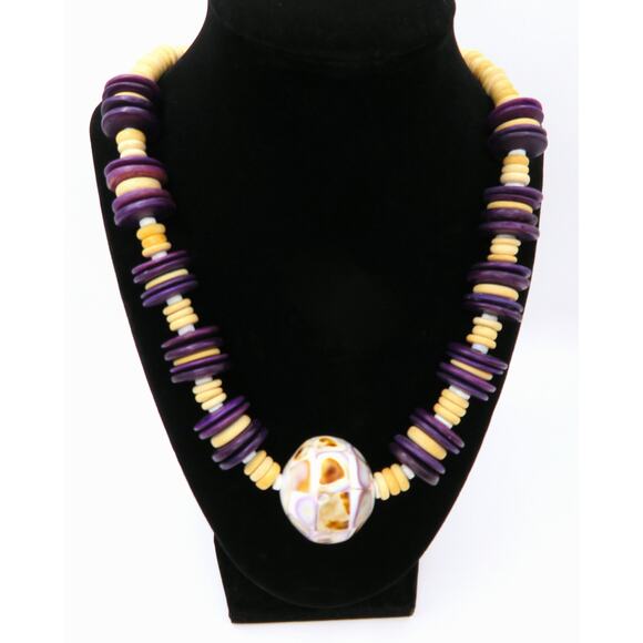 Vintage Boho Wood Bead Necklace w/ Mosaic Focal Bead Purple & Beige Tribal Style - Picture 2 of 11